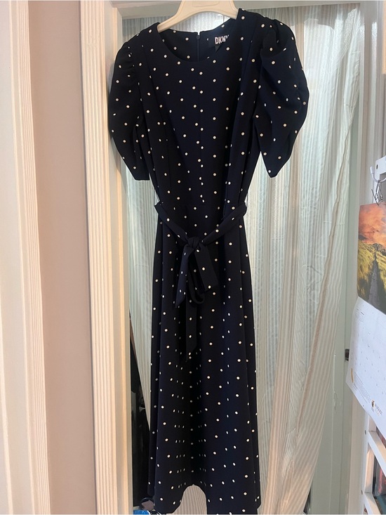 Dkny Dresses & Skirts - DKNY Navy and White Polka Dot Midi Dress with Puff Sleeves